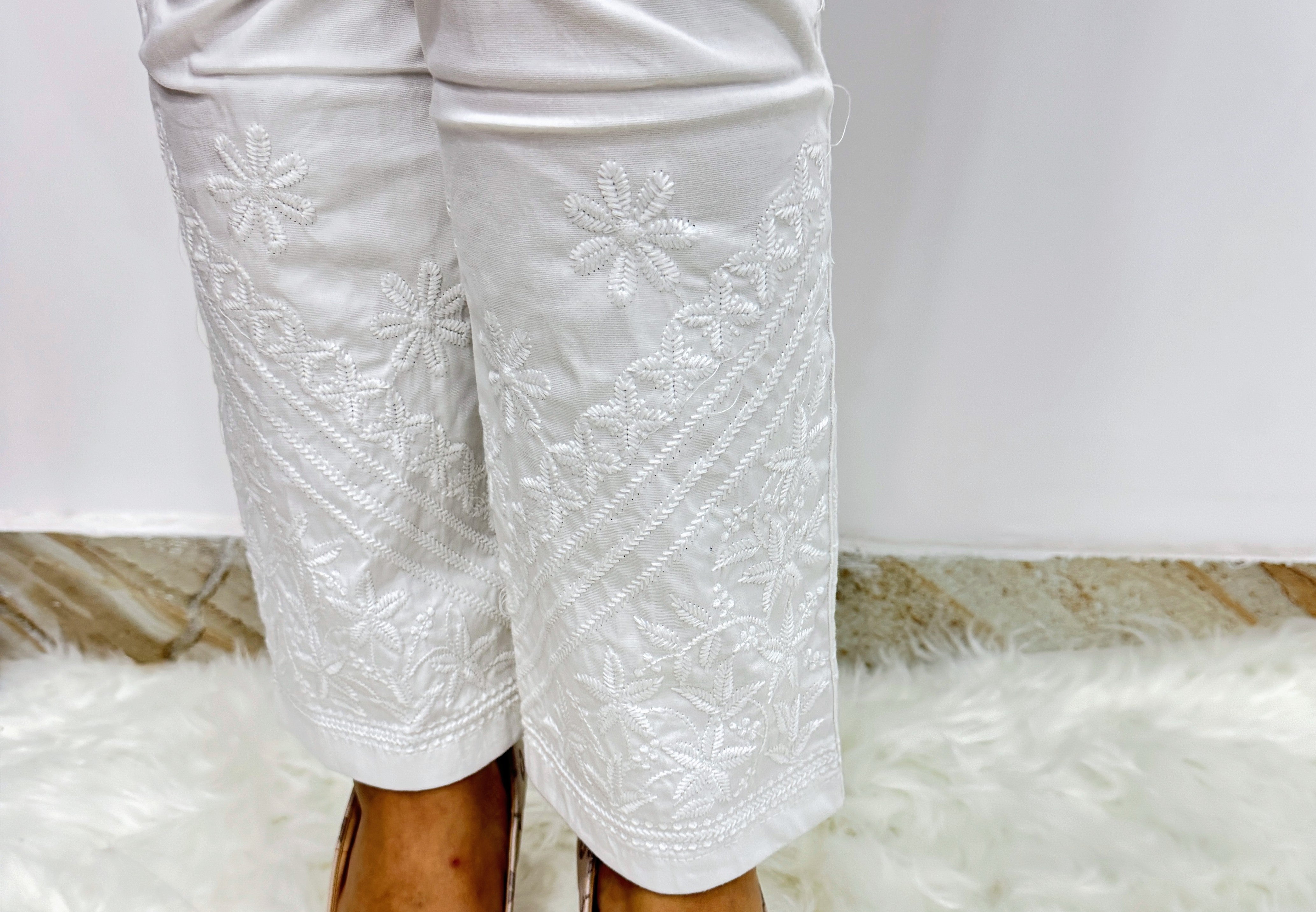 White Rayon Chikankari Bottom | Handcrafted Floral White Embroidery