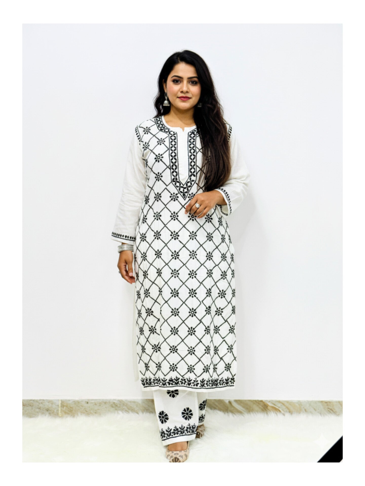 White Rayon Chikankari 2-Piece Set | Hand-Embroidered Black Floral Work & Matching Bottom