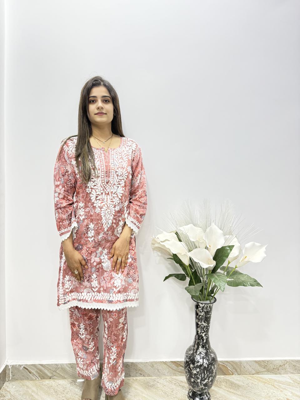Mul Print Lucknowi Chikankari Co-Ord Set | Hand-Embroidered Cotton Kurti & Bottom
