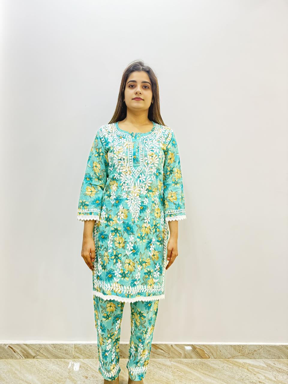 Mul Print Lucknowi Chikankari Co-Ord Set | Hand-Embroidered Cotton Kurti & Bottom