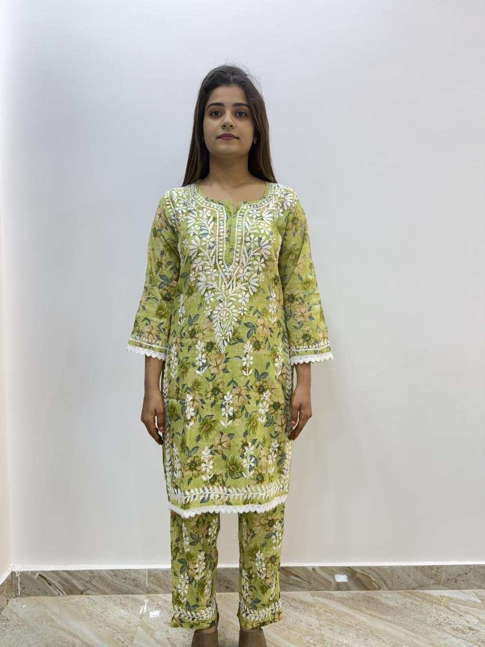 Mul Print Lucknowi Chikankari Co-Ord Set | Hand-Embroidered Cotton Kurti & Bottom