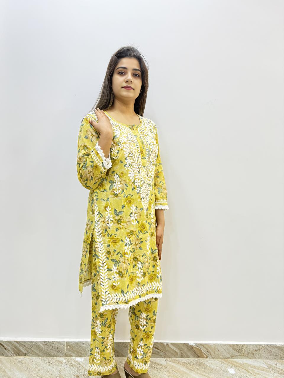 Mul Print Lucknowi Chikankari Co-Ord Set | Hand-Embroidered Cotton Kurti & Bottom