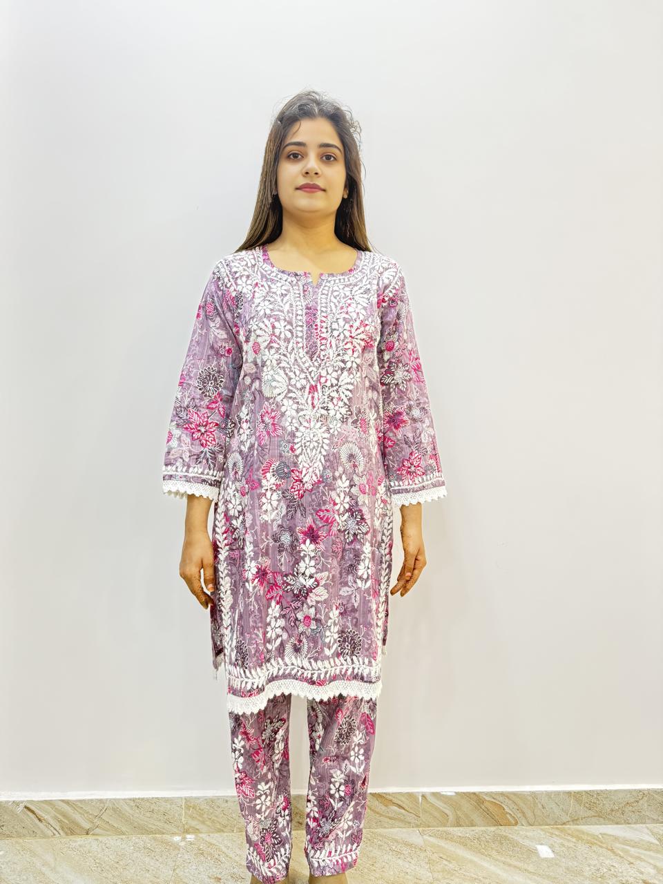 Mul Print Lucknowi Chikankari Co-Ord Set | Hand-Embroidered Cotton Kurti & Bottom