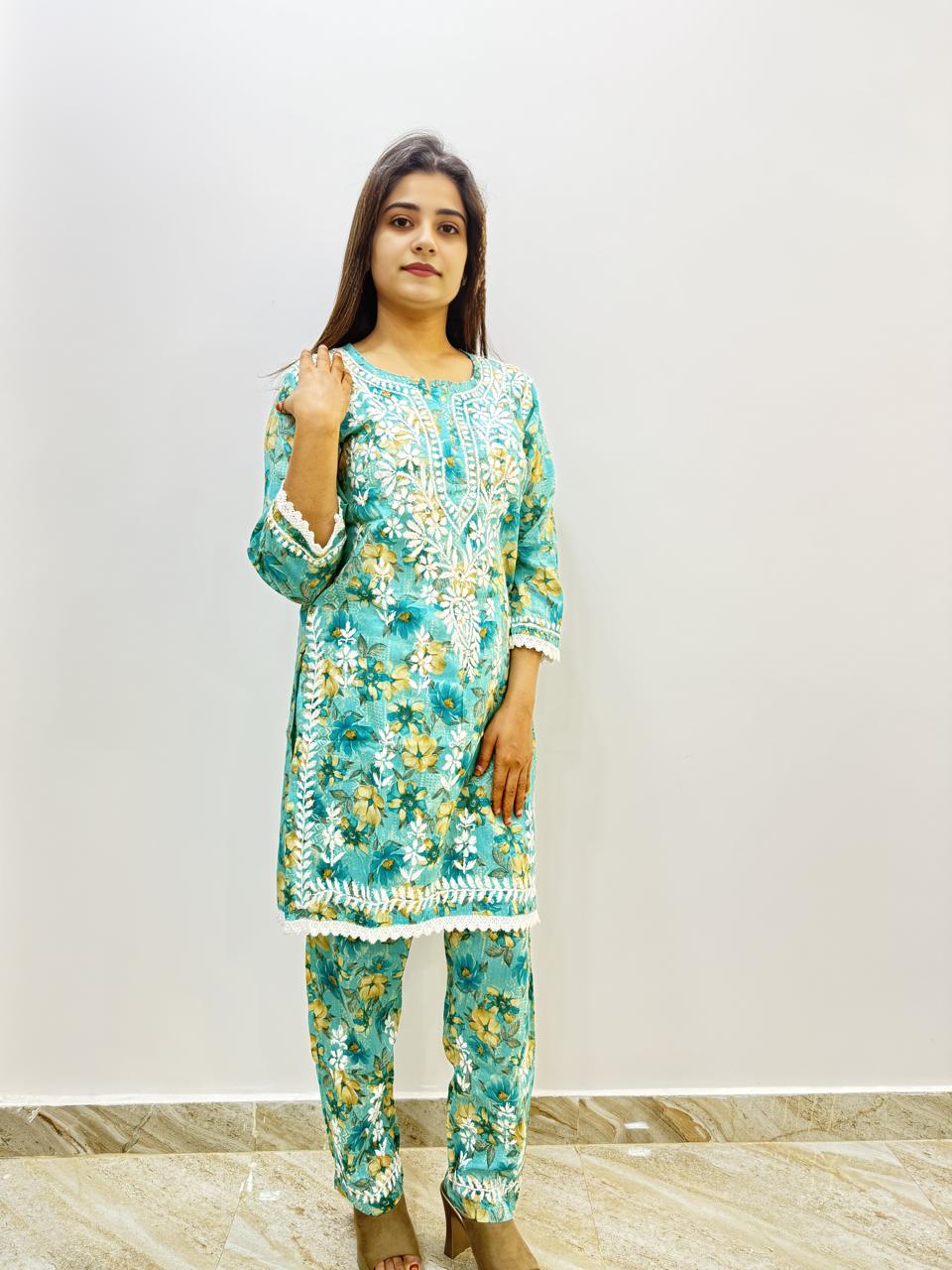 Mul Print Lucknowi Chikankari Co-Ord Set | Hand-Embroidered Cotton Kurti & Bottom