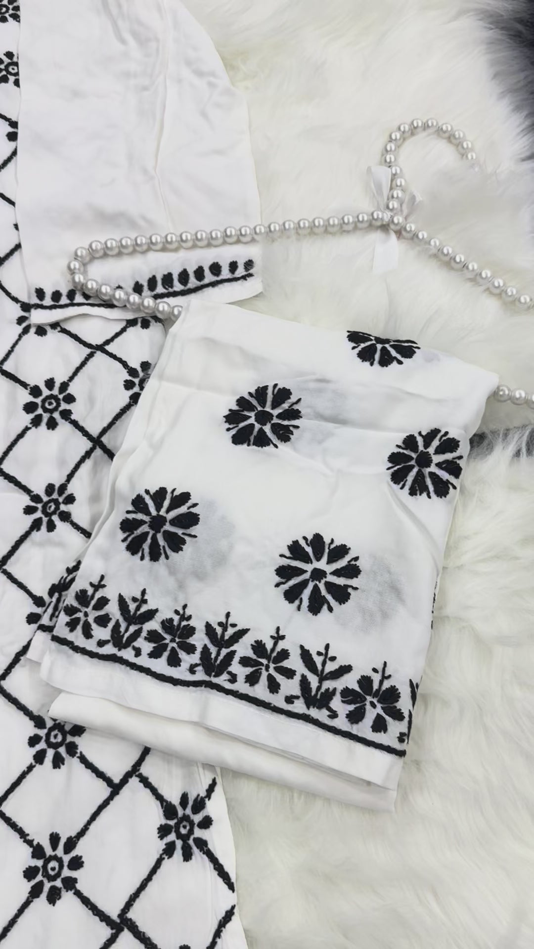 Load video: White Rayon Chikankari 2-Piece Set | Hand-Embroidered Black Floral Work &amp; Matching Bottom